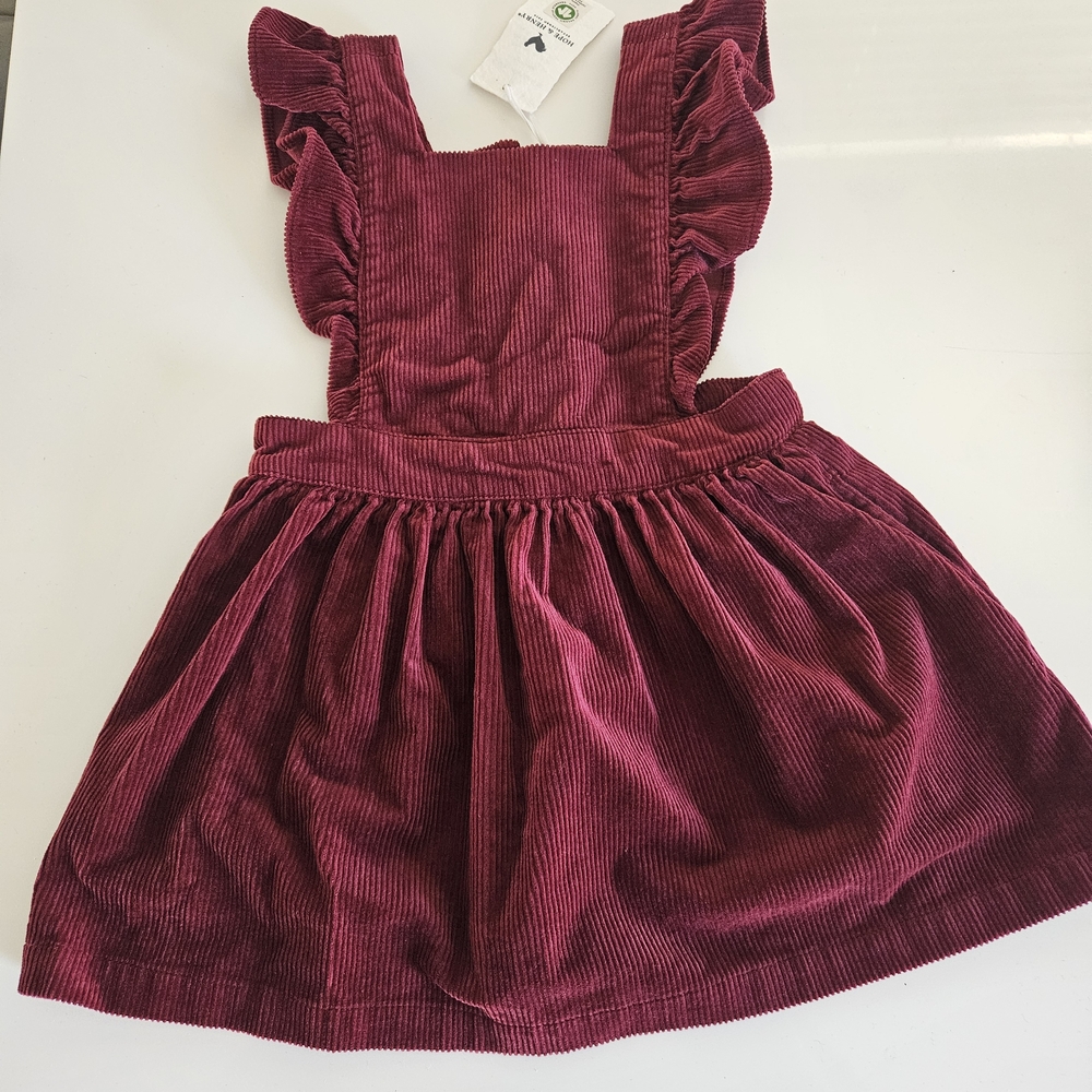 Hope and Henry Burgundy Corduroy Dress with Ruffle Straps GOTS